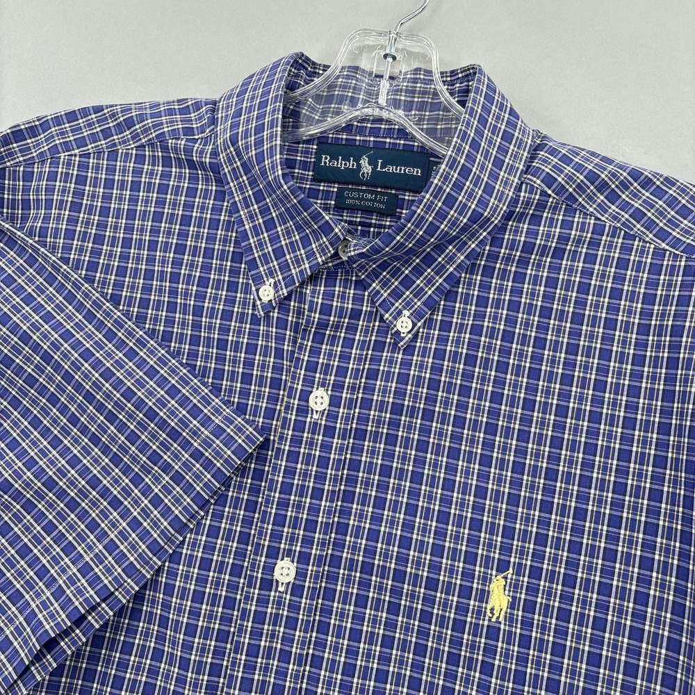 Ralph Lauren Shirt Mens XL Blue Plaid Custom Fit Button Down Short Sleeve Cotton